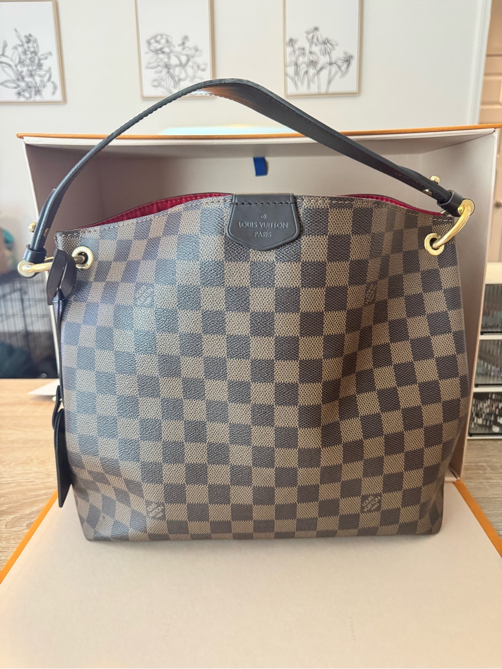 Louis Vuitton Brown Damier Ebene Shoulder Bag with Red Interior. Graceful PM